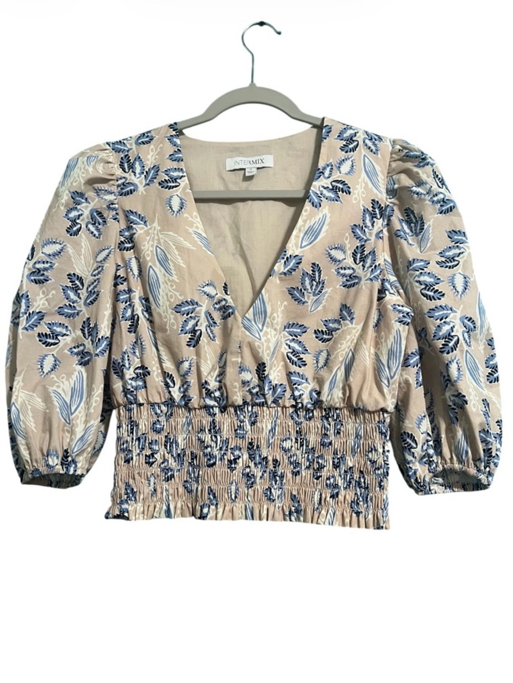 INTERMIX Beige Floral V-Neck Smocked Waist Puff Sleeve Blouse size s